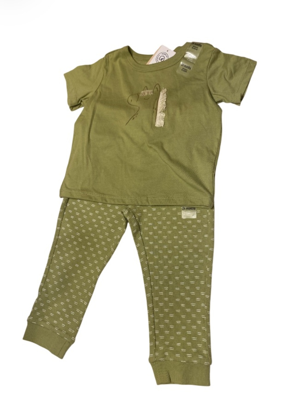 First Impressions Olive Green 2-Piece Set Horse Graphic 3D Mane NWT Size 24 mths